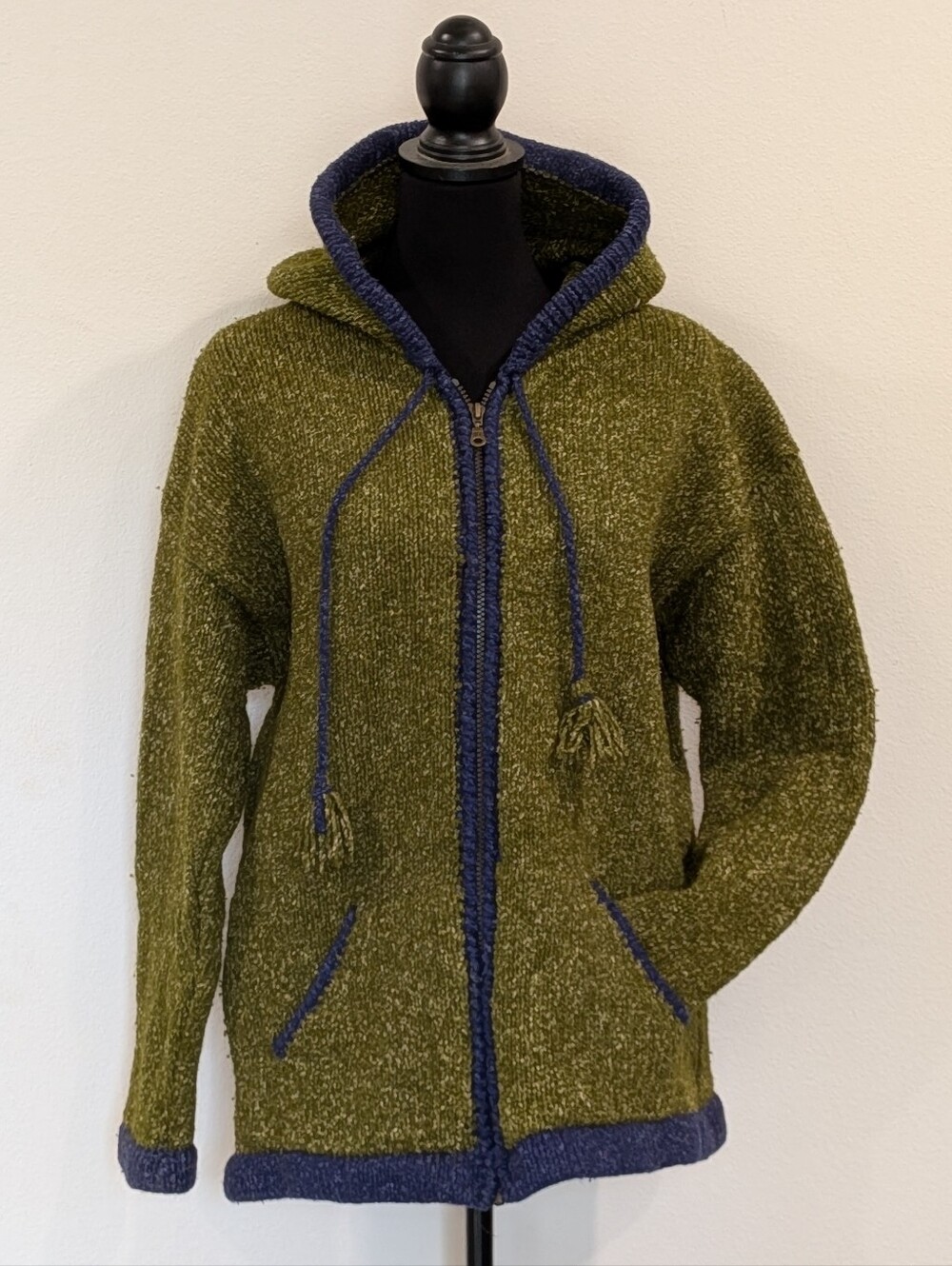Vintage Olive Green Knit Hooded Zip Cardigan with Navy Trim